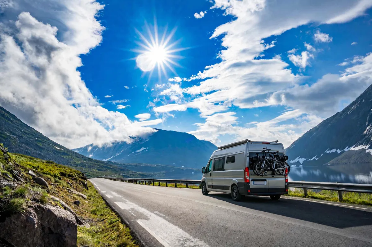 Casa rodante recorriendo una carretera alpina entre montañas y lagos en Europa