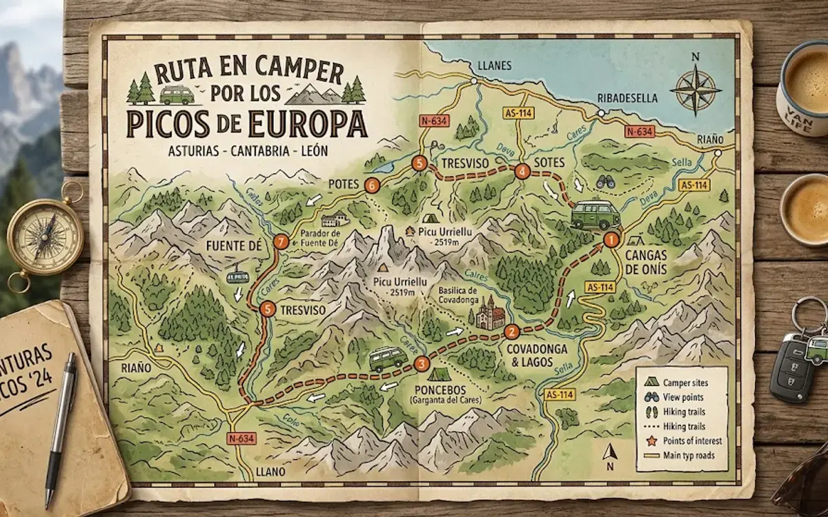 Mapa de la ruta en camper por los Picos de Europa desde Madrid en 7 días