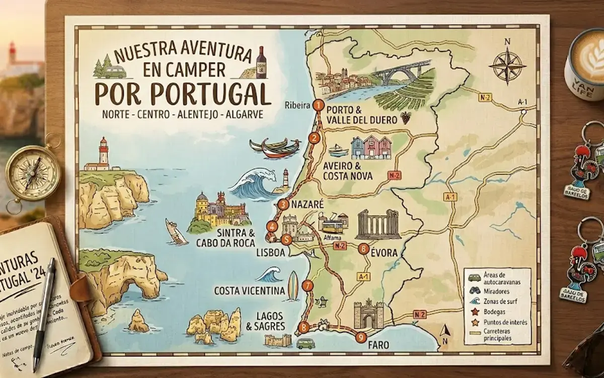 Mapa de la ruta en camper por Portugal desde Madrid en 10-14 días