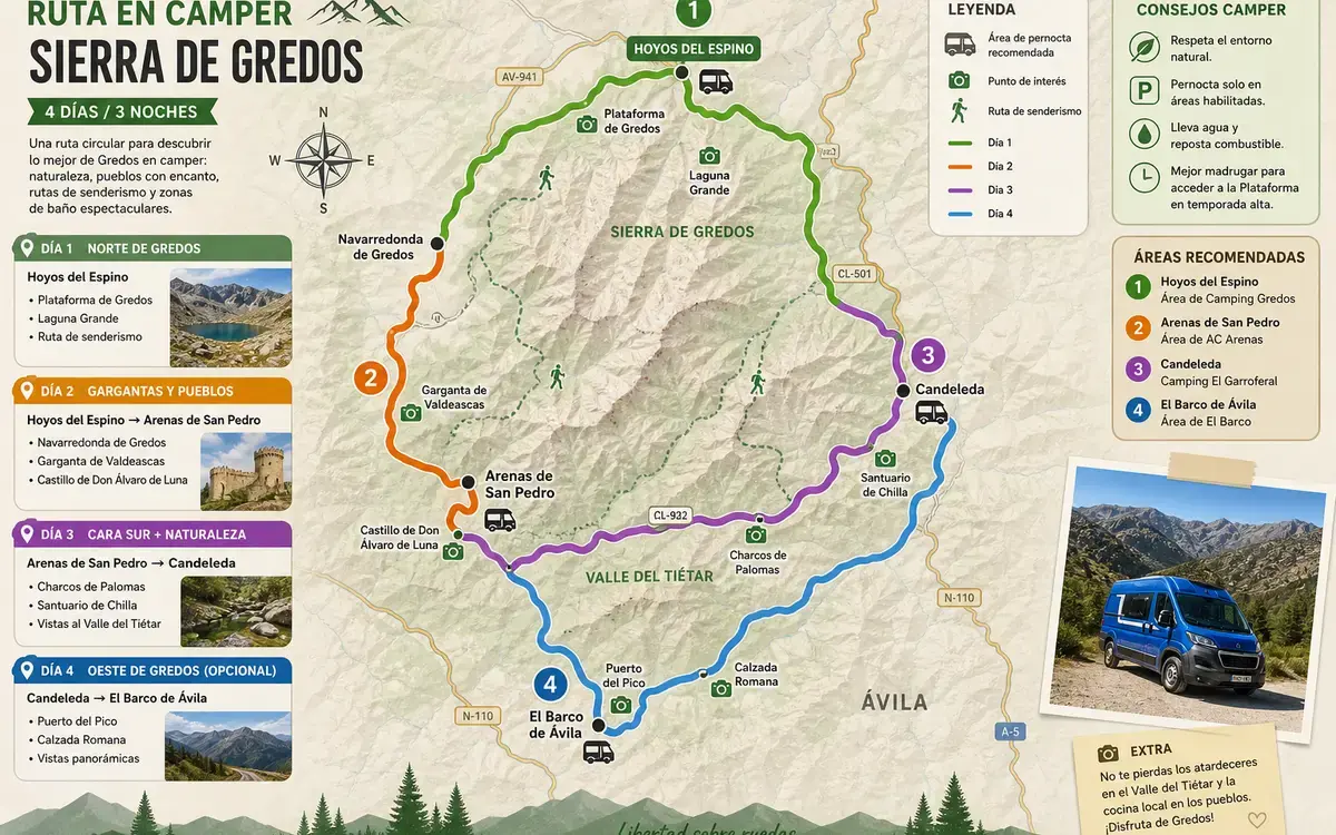 Mapa de la ruta en camper por la Sierra de Gredos desde Madrid en 3 días